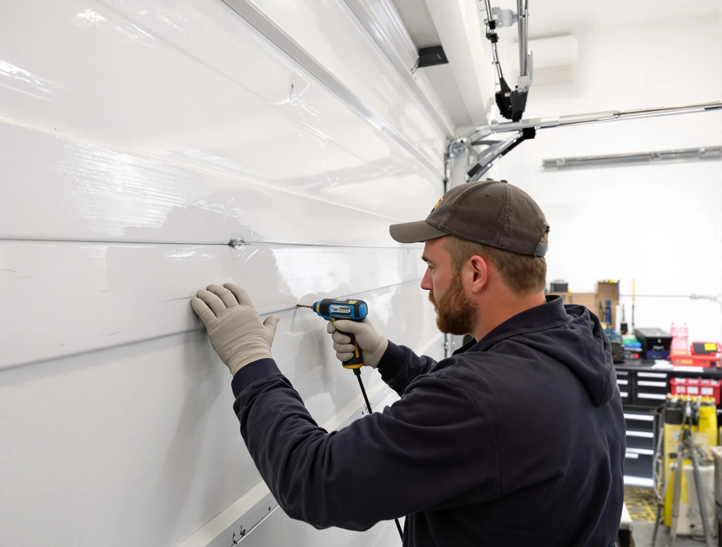 Clarkston Garage Door Repair technician demonstrating precision dent removal techniques on a Clarkston garage door